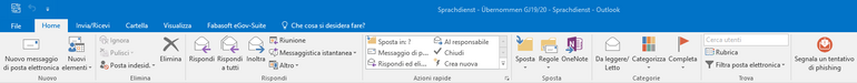 Schermata del menu di Outlook