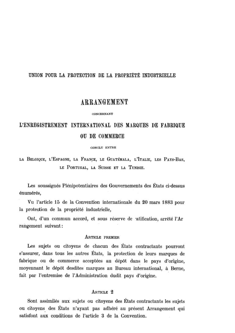 Extrait de l’Arrangement de Madrid 1891. 