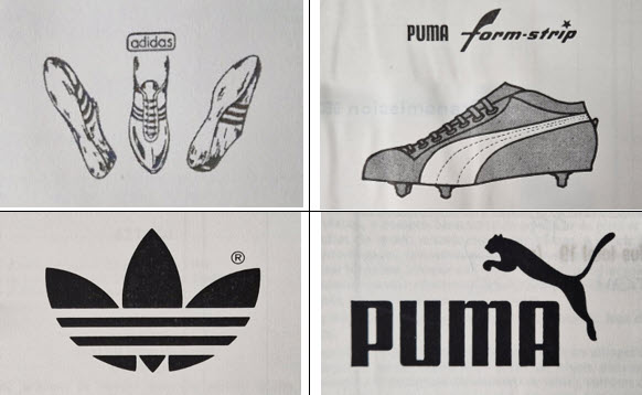 Extrait des archives de l’IPI : demandes d’enregistrement de marques des fabricants d’articles de sport Adidas et Puma avec les éléments figuratifs connus (Copyright : IPI)