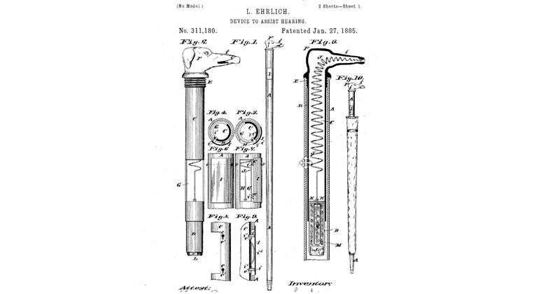 This drawing from 1885 depicts a hearing aid (US 311180A). Photo: Worldwide Espacenet