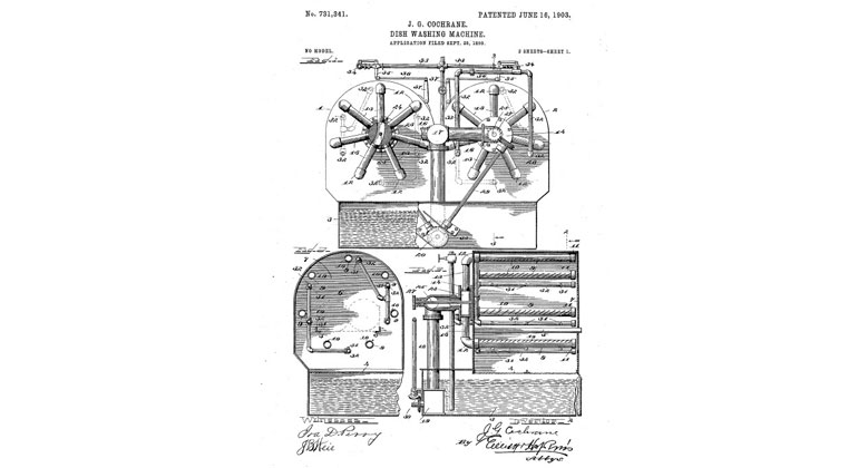 Josephine Cochrane is considered to be the inventor of the washing machine. Her machine was patented in 1903 (US731341). Photo: Worldwide Espacenet