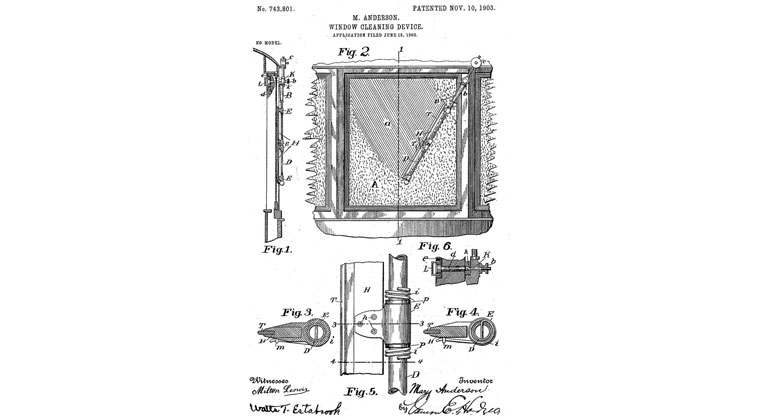 We can thank Mary Anderson for windscreen wipers (US 743801A). Photo: Worldwide Espacenet